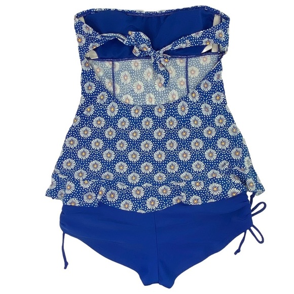 Arizona blue daisy print strapless tankini with side tie bottoms, M - Picture 2 of 15